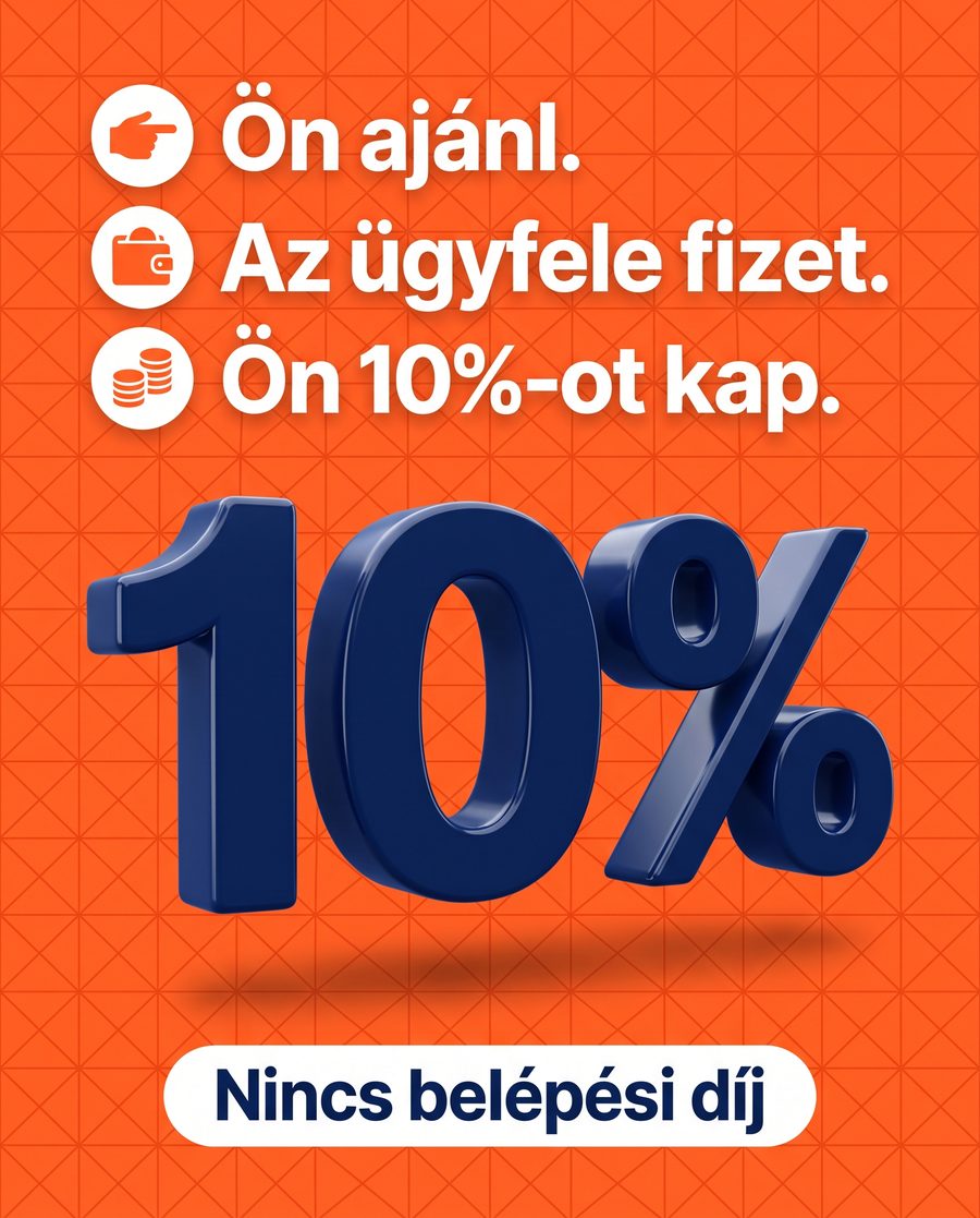Narancs hátterű grafika nagy 10%-kal: Ön ajánl, az ügyfele fizet, Ön 10%-ot kap, nincs belépési díj