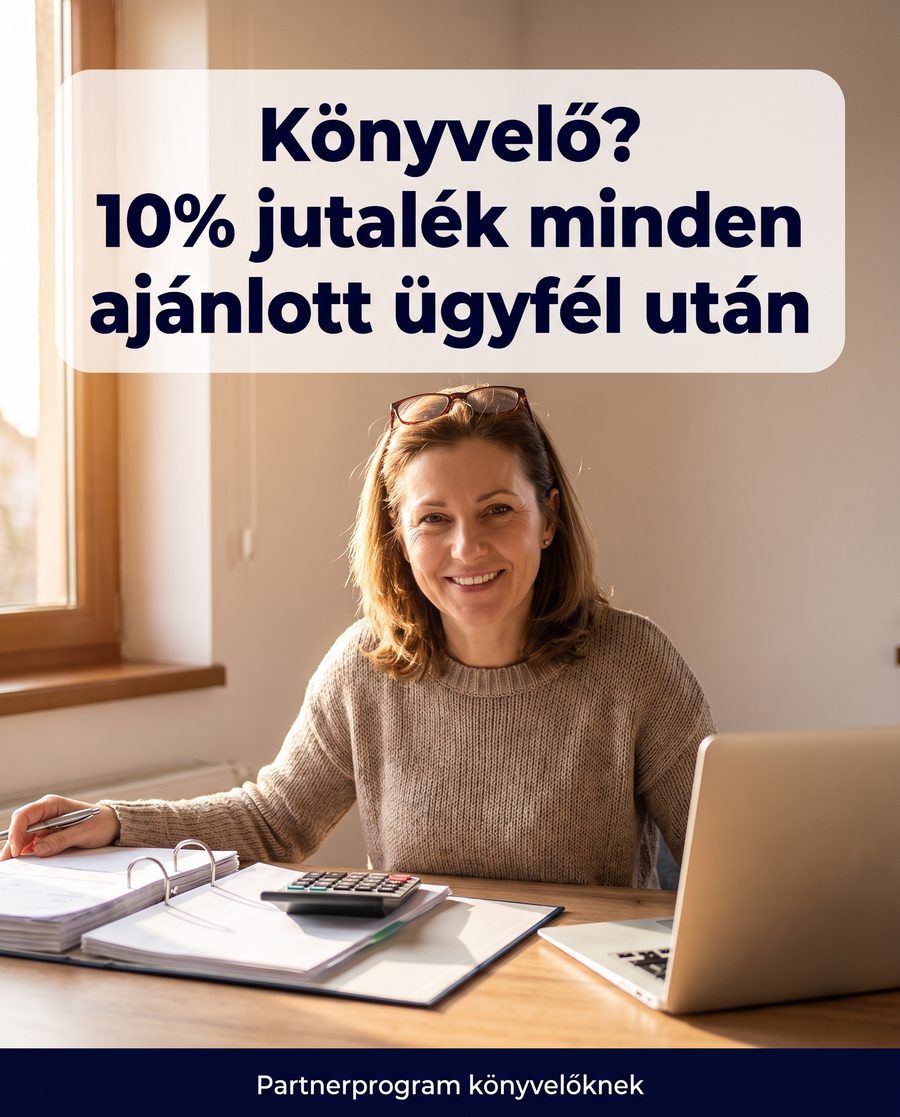 Könyvelő az íróasztalánál, a képen a felirat: 10% jutalék minden ajánlott ügyfél után